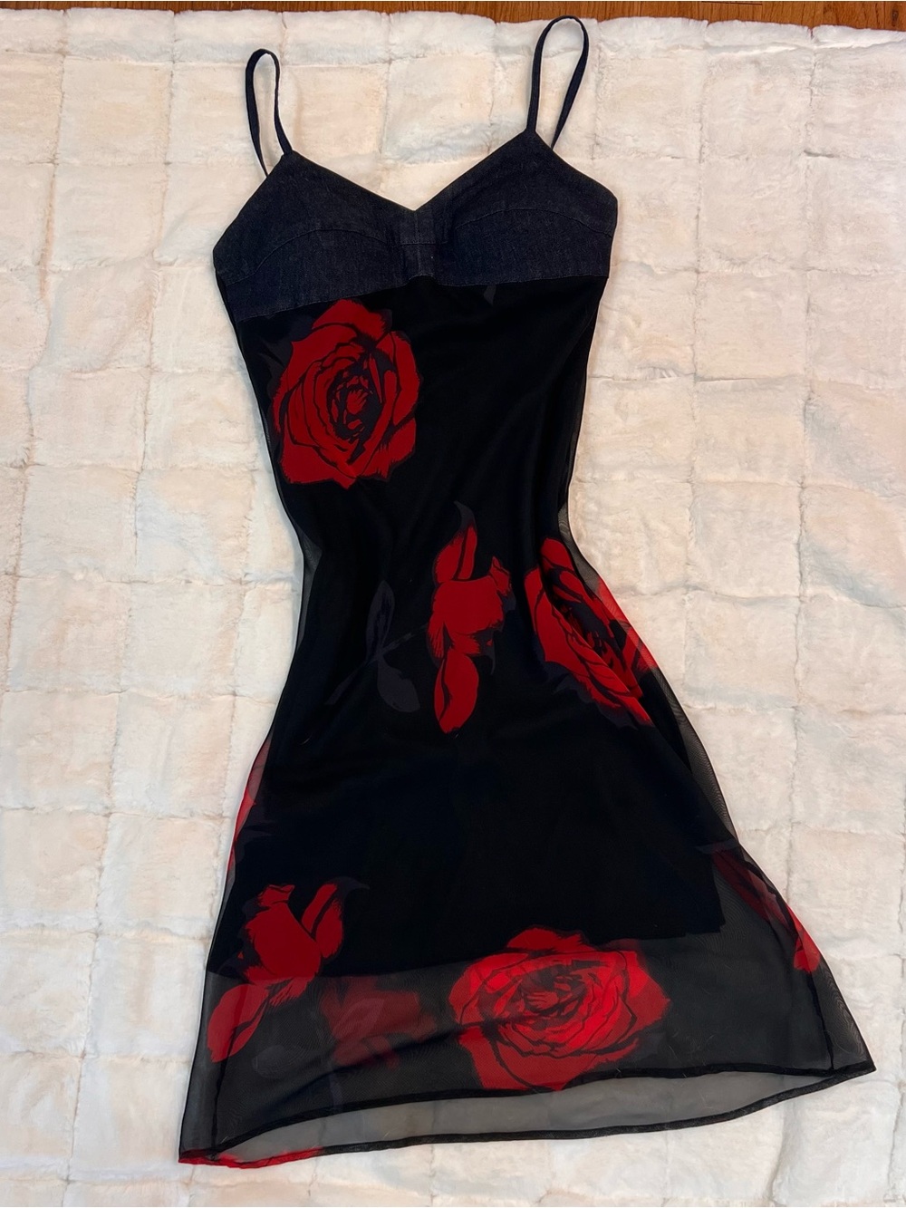 Black Slip Dress with Red Rose Print and Denim Top size S